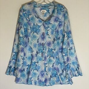 Seven Karat Jacket Womens 1X Blue Floral Art to Wear Modest Big Button Textured